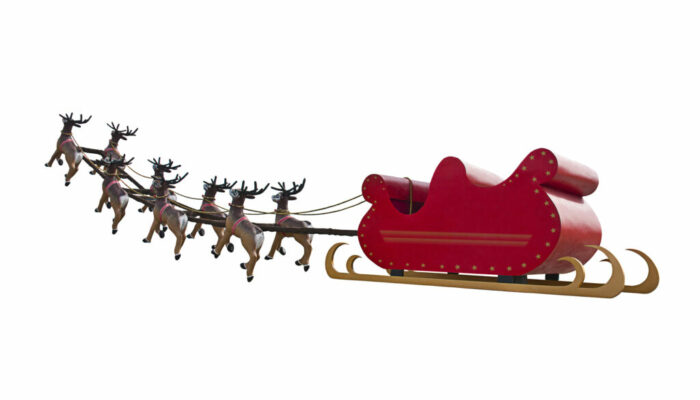 Santa Claus sleigh led by reindeers going to pick Santa Claus up - isolated on white background