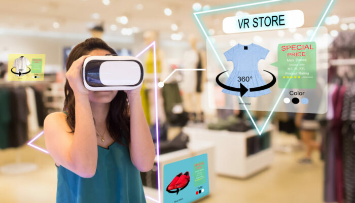 Virtual reality store shopping concept.Woman using VR headsets having expirience in virtual shopping store