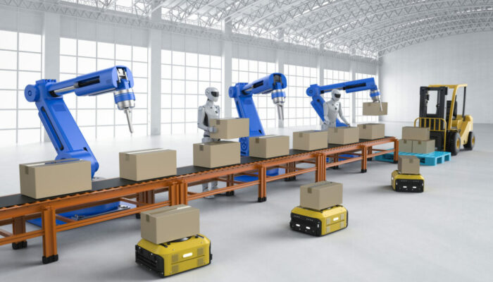 Automation factory concept with 3d rendering robot assembly line and conveyor belt